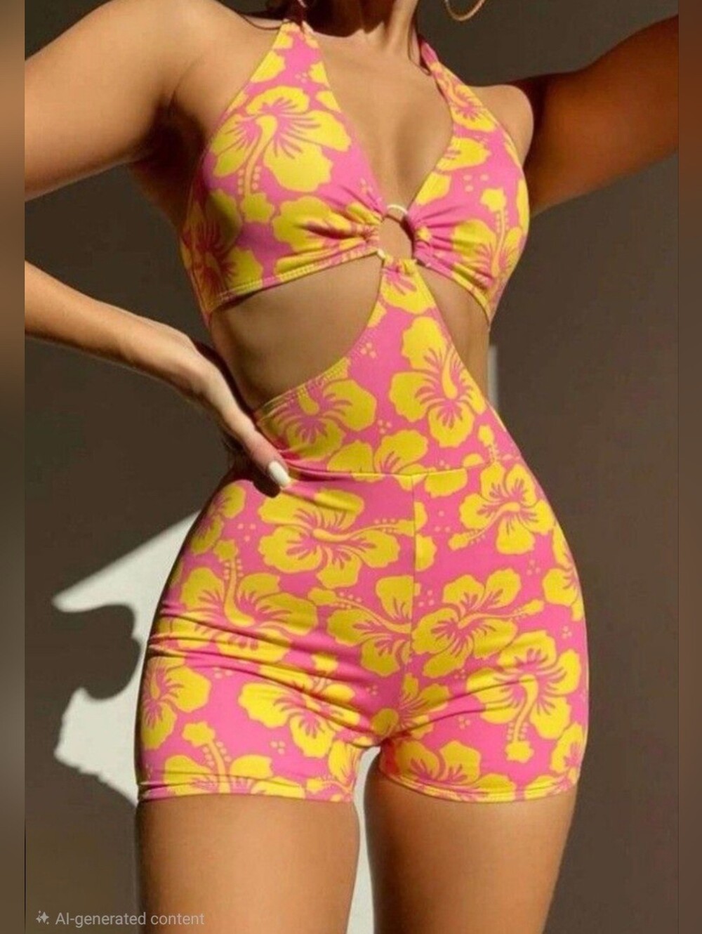 SHEIN Pink and Yellow Floral Halter Swimsuit Romper
